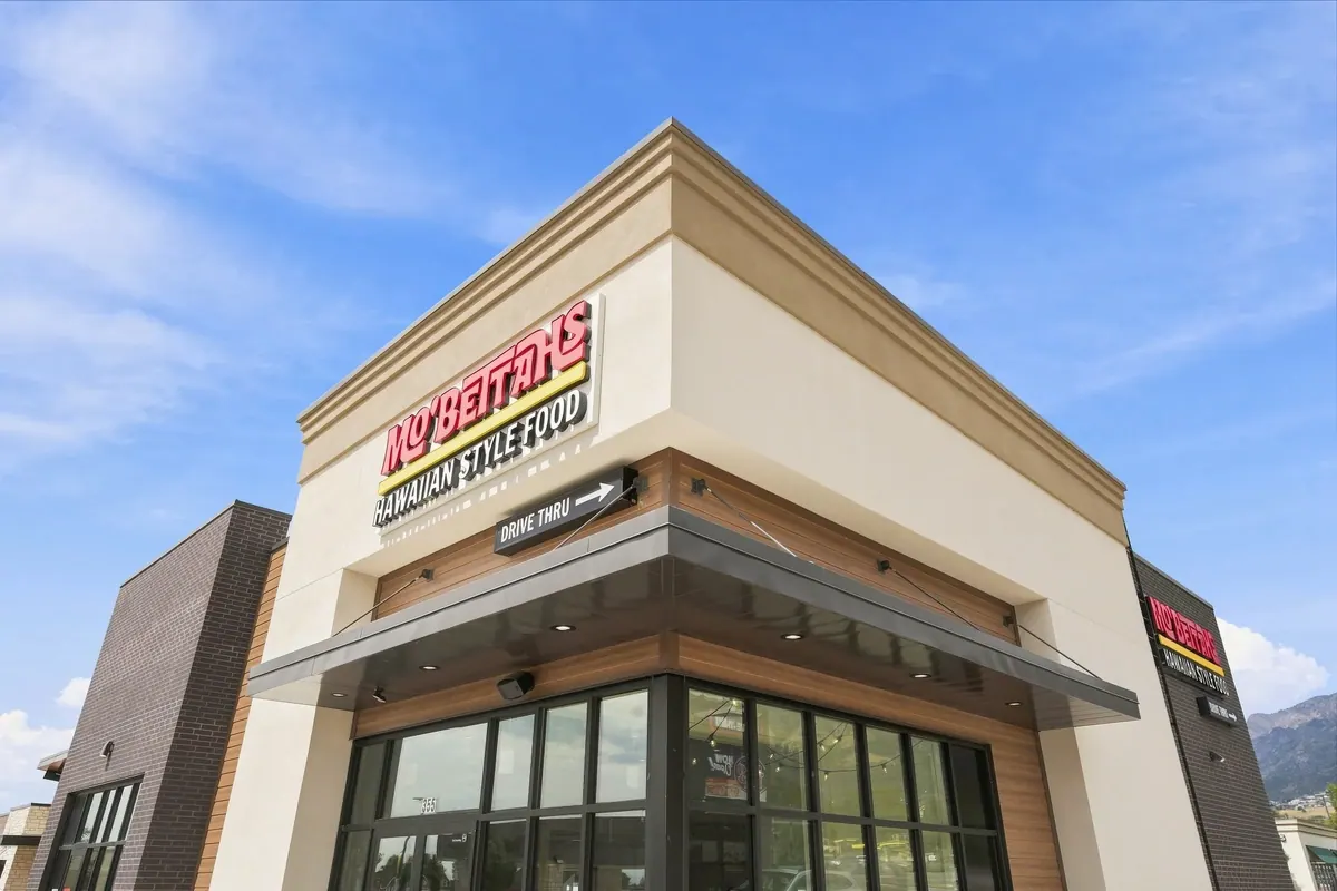 Close-up of Mo Bettahs storefront facade and canopy at North Ogden retail development