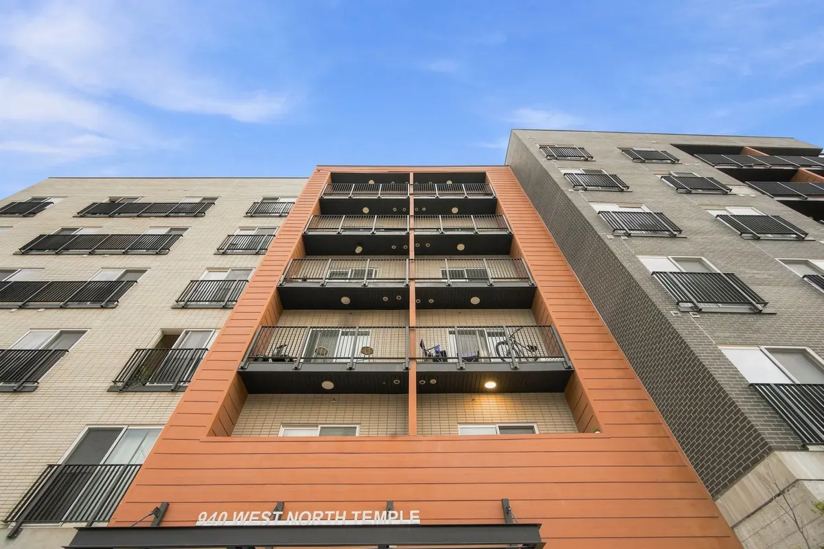 Upward view of recessed balconies at Fair Park Apartments