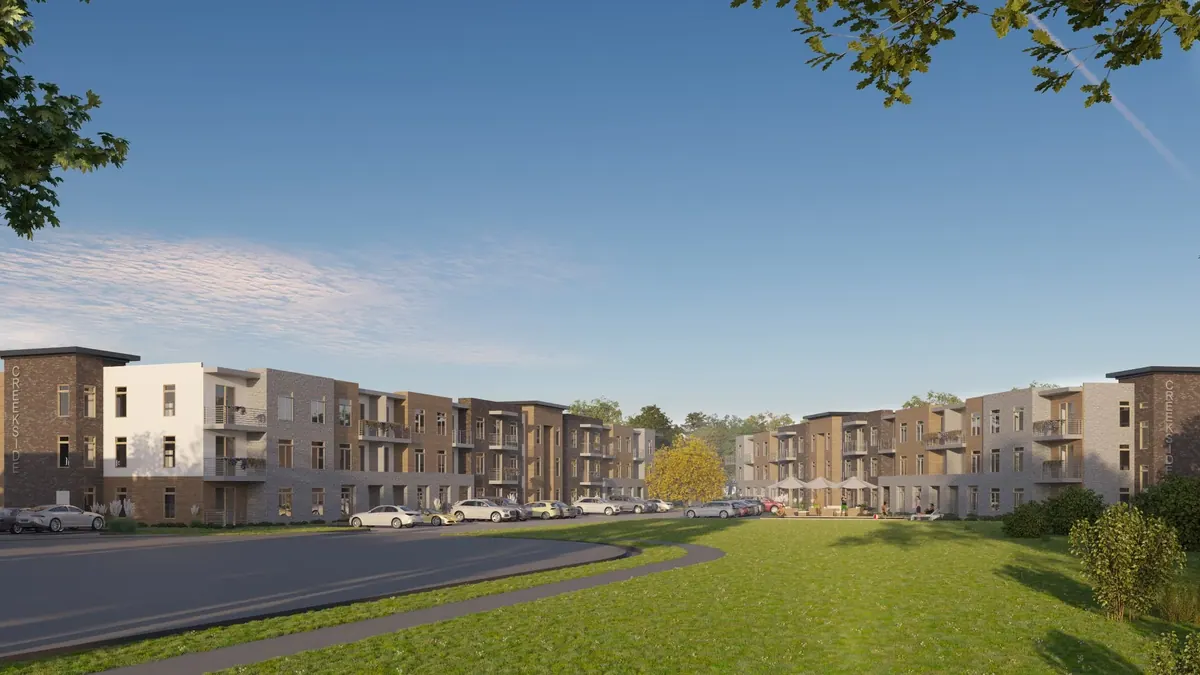 Alternate architectural rendering of Creekside Apartments showing the residential buildings, central lawn, parking and pedestrian paths