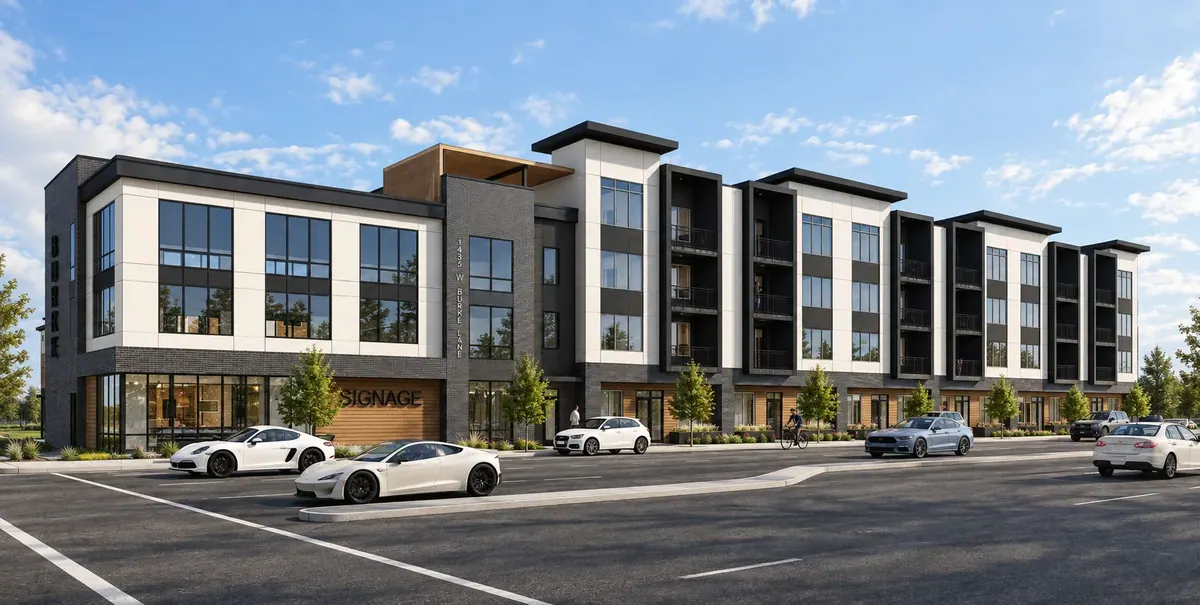 Architectural rendering of the Burke Apartments exterior and parking area