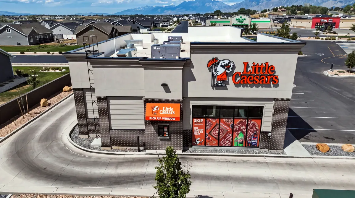 Elevated view of the Little Caesars end unit and adjacent drive-through lane at Salem Retail