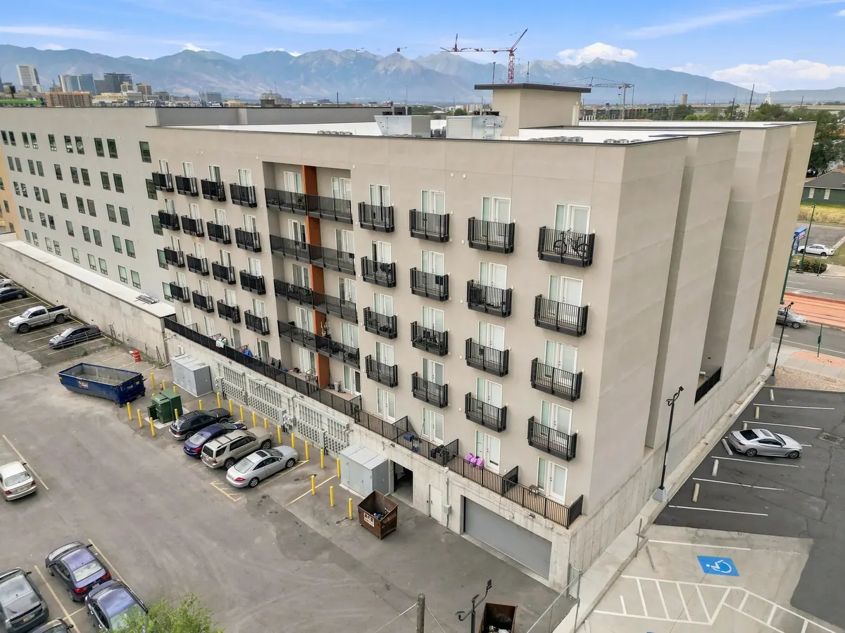 Aerial view of Fair Park Apartments exterior and parking