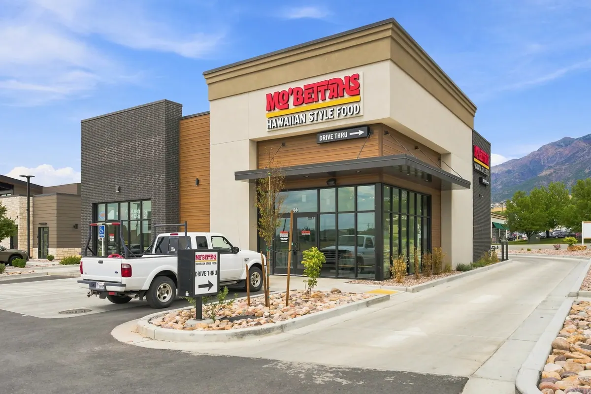 Exterior of Mo Bettahs restaurant and drive-through lane at North Ogden retail development