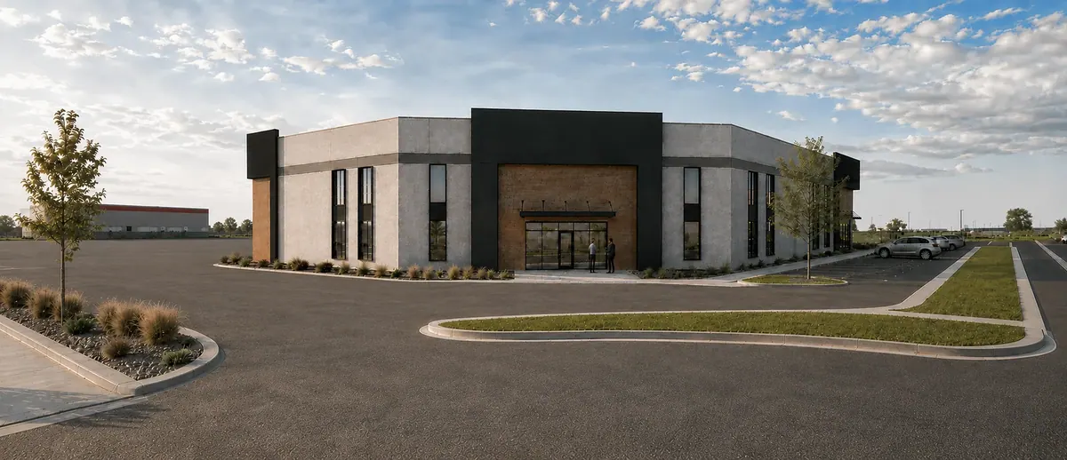 Architectural rendering of Base Camp Building 1 with dark entry facade and adjacent warehouse bays