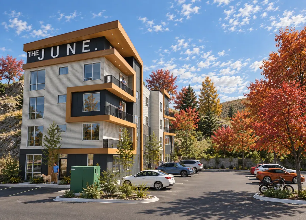 The June — apartment building exterior rendering