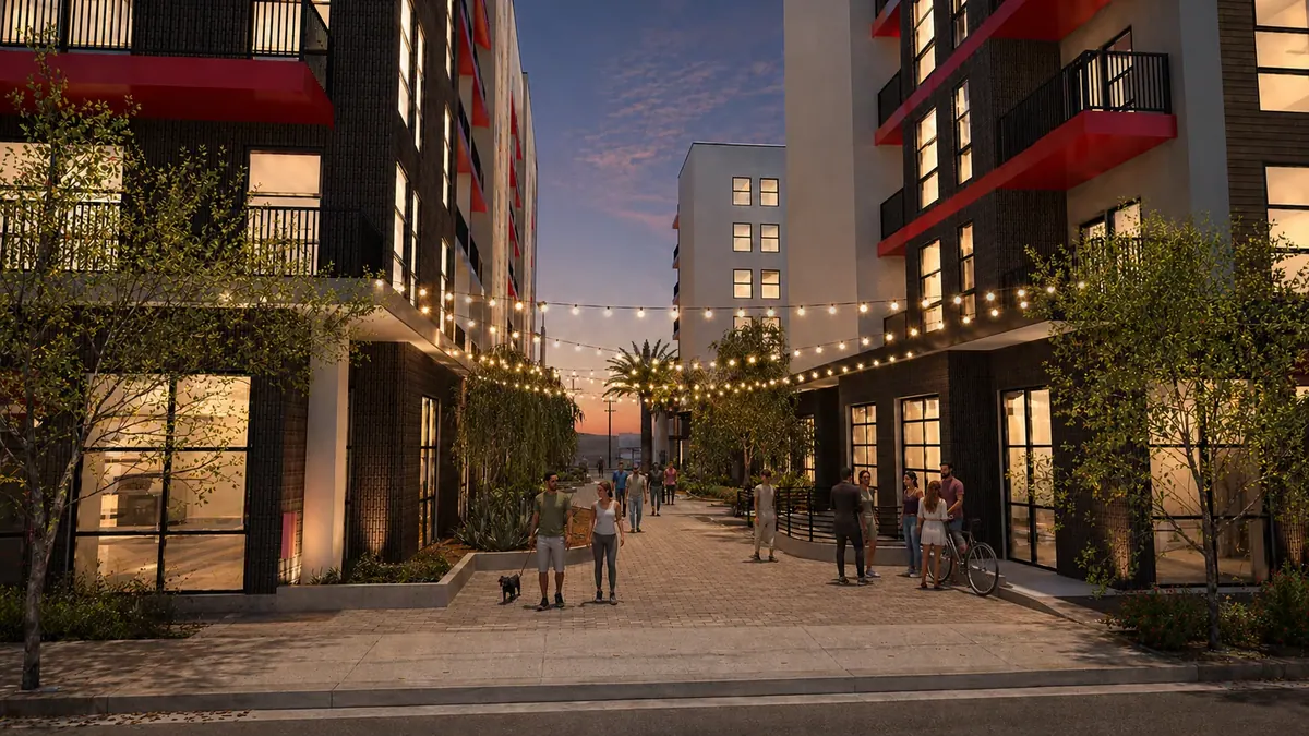 Architectural rendering of Club and Main courtyard pedestrian space at dusk