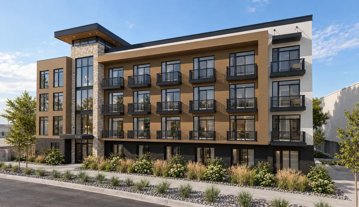 Indie Station — four story apartment building exterior
